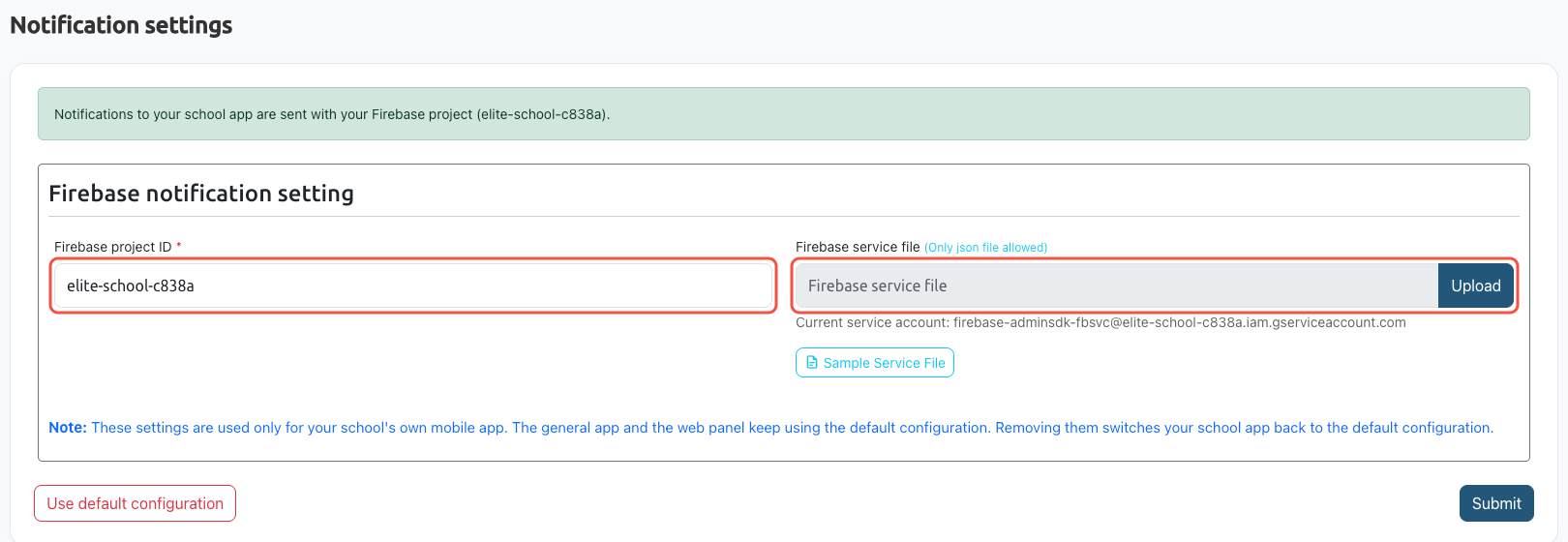 School admin panel: Notification settings with a school's own Firebase project